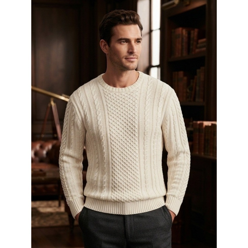 Brooks Brothers Wool Cable Knit Sweater Men's XXL Cream Cotton Pullover Travel